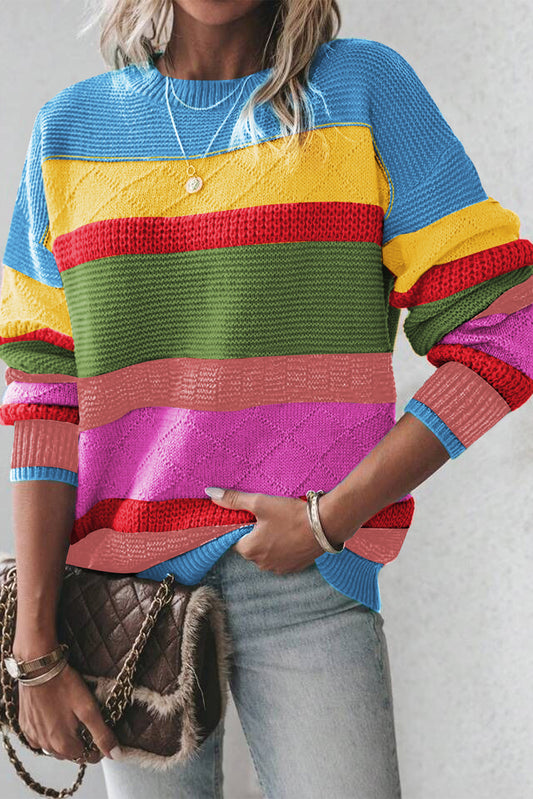 Light Blue Colorblock Mixed Textured Drop Shoulder Sweater