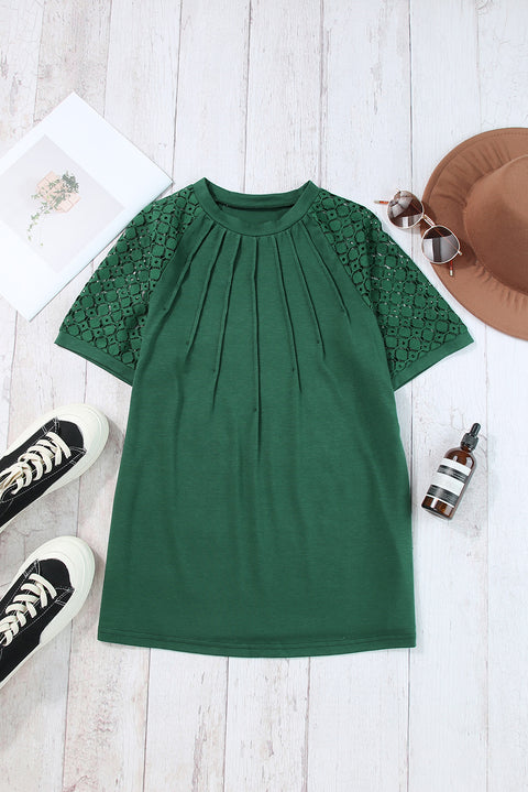 Blackish Green Seamed Detail Contrast Lace Raglan Sleeve Tee