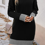 Black Striped Trim Mock Neck Dropped Long Sleeve Sweater Mini Dress