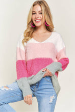 Striped Color Block Fuzzy V Neck Sweater