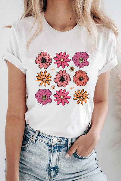 White Flower Graphic Crewneck T Shirt