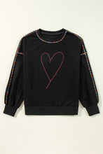 Black Rhinestone Heart Contrast Exposed Seam Valentines Pullover Sweatshirt