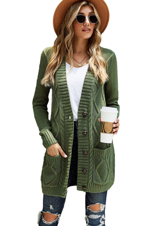 Green Front Pocket and Buttons Closure Cardigan