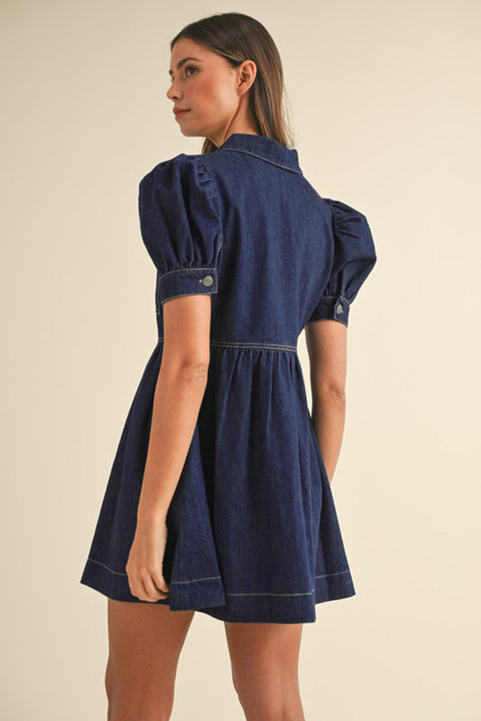 Dirty blue Zipped up Bodice Collared Short Puff Sleeve Denim Dress