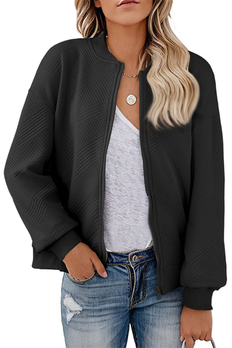 Black Solid Textured Stand Neck Zipper Bomber Jacket