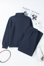 Navy Blue Solid Color Collared Sweatshirt and High Waist Pants Set