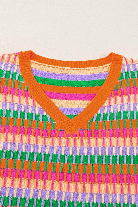 Orange Multicolor Flutter Sleeve Knitted Sweater Top