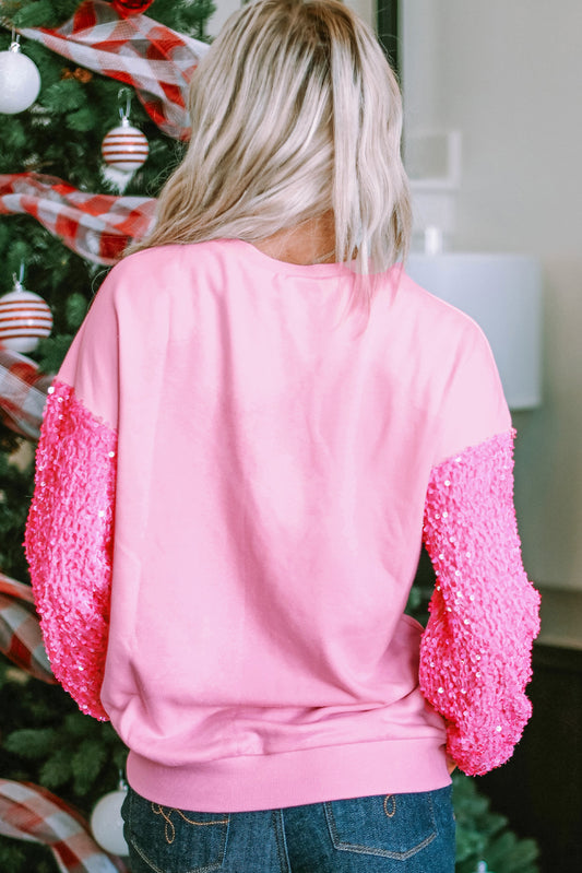 Pink Bow Father Christmas Graphic Sequin Patchwork Long Sleeve Top