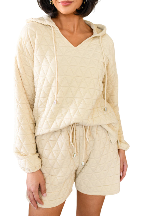 Beige Quilted V Neck Hoodie Drawstring Shorts Set