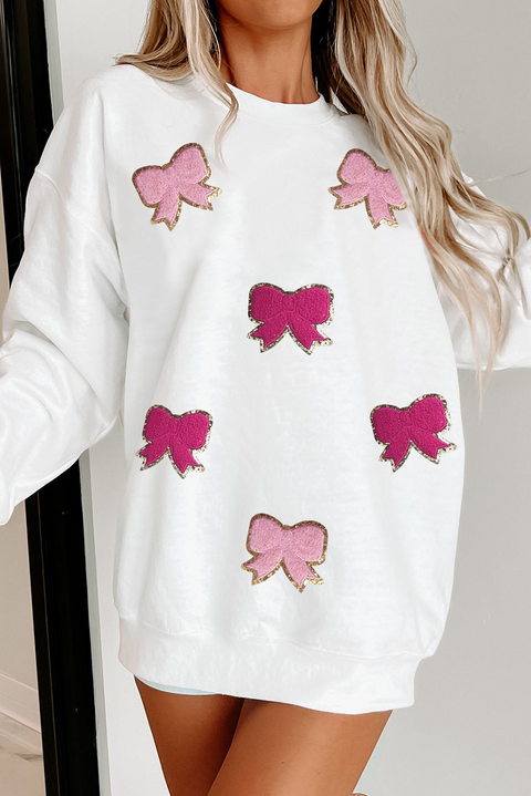 White Chenille Bowknot Graphic Drop Shoulder Baggy Sweatshirt