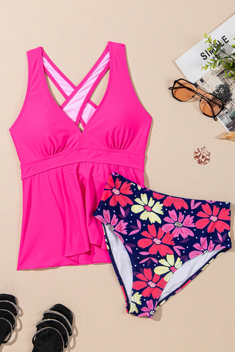 Rose V Neck Ruffled Hem Floral Bottom Tankini Set