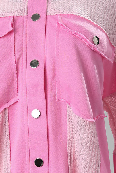 Pink Colorblock Waffle Patchwork Pocketed Shacket