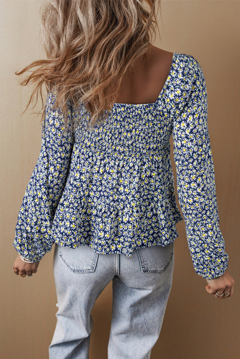 Blue Boho Floral Print Smocked Square Neck Loose Fit Blouse