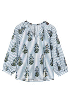 Beau Blue Striped Floral Printed Long Sleeve Tied V Neck Blouse