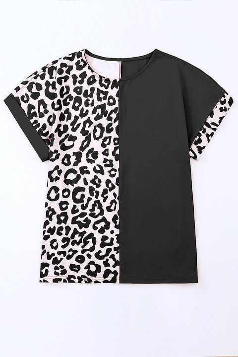 Contrast Solid Leopard Short Sleeve T-shirt Dress with Slits