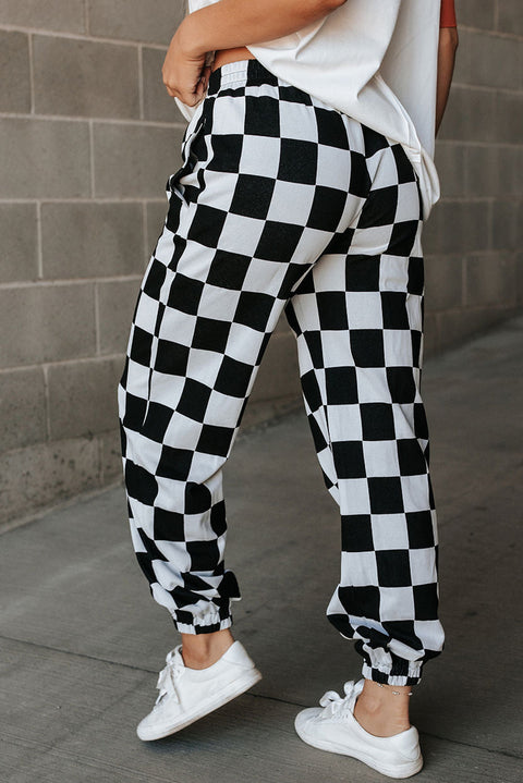 Black Checkerboard Elastic Waist Pocketed Joggers