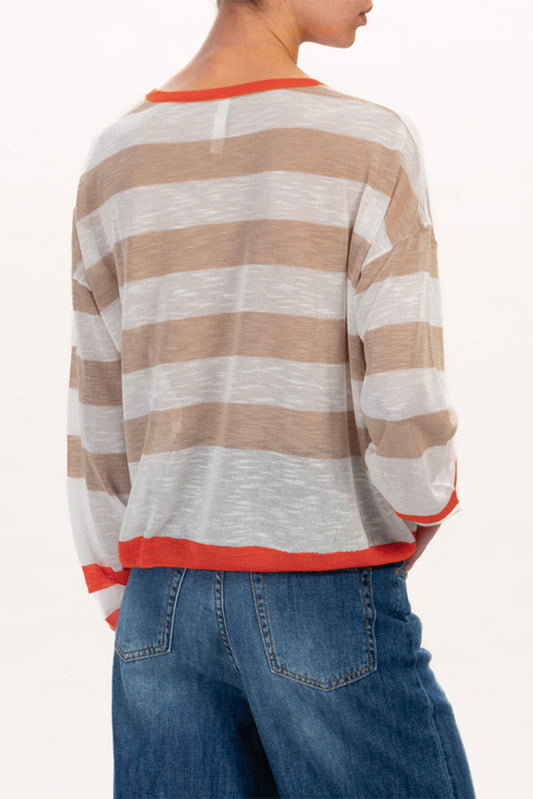 Apricot Colorblock Striped Round Neck Drop Shoulder Sweater