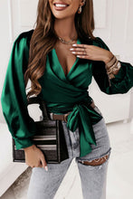 Blackish Green Satin Surplice V Neck Knot Blouse