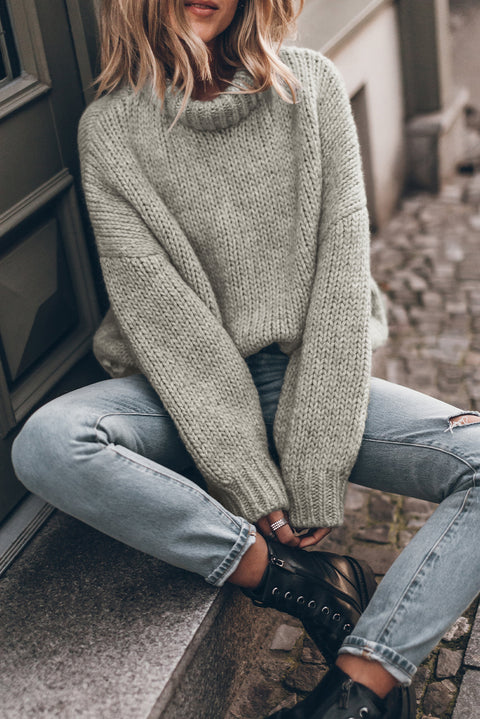 Rose Red Chunky Knit Turtle Neck Drop Shoulder Sweater