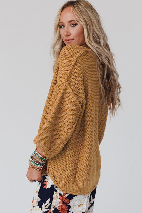 Brown Slouchy Textured Knit Loose Sweater