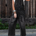 Black Distressed Bib Pocket Wide Leg Denim Overall