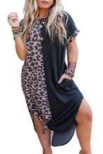 Contrast Solid Leopard Short Sleeve T-shirt Dress with Slits