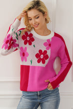 Rose Red Floral Mixed Color Block Sweater