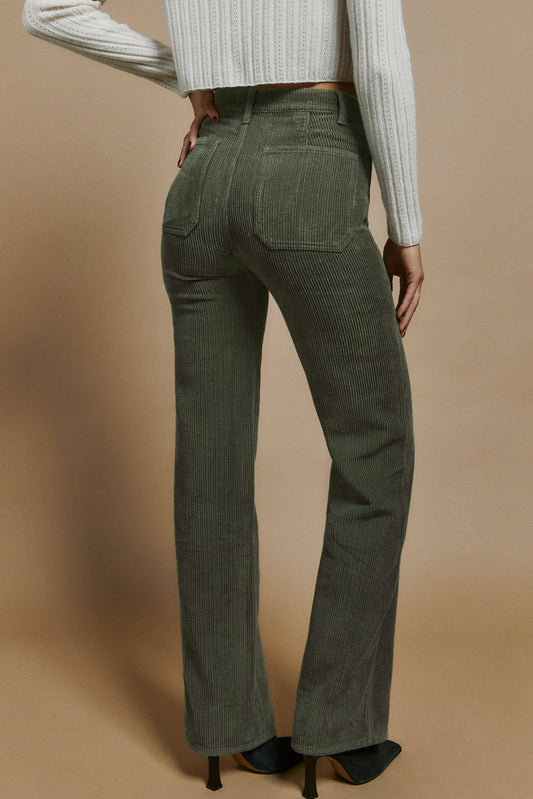 Green High Waist Square Pockets Corduroy Pants