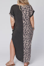 Contrast Solid Leopard Short Sleeve T-shirt Dress with Slits