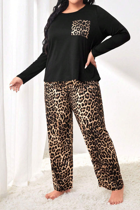 Black Leopard Patched Pocket Long Sleeve Top Plus Size Pants Set