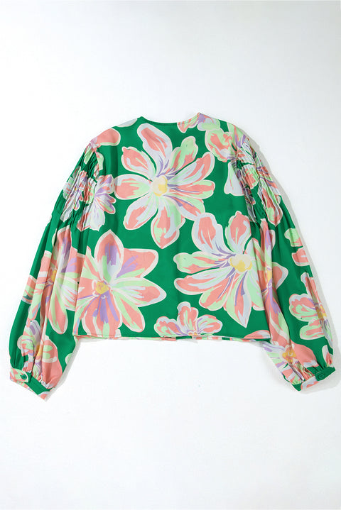 Green Floral Print Button up Pleated Puff Sleeve Loose Shirt