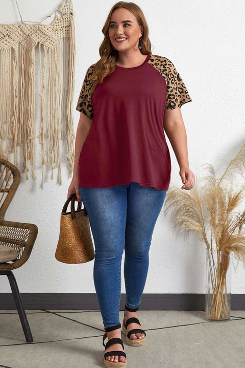 Burgundy Contrast Leopard Raglan Sleeve Plus Size T-shirt