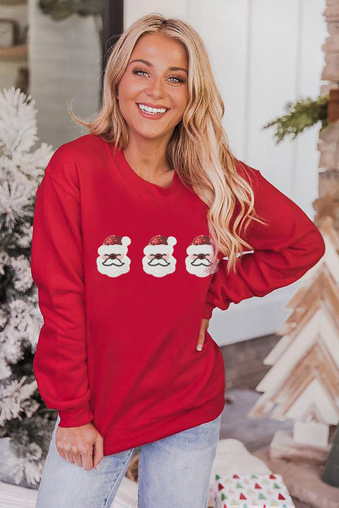 Red Sequin Father Christmas Patch Graphic Pullover Sweatshirt