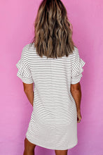 White Stripe Ruffled Short Sleeve Crew Neck T Shirt Shift Mini Dress