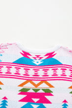 White Oversize Aztec Print High Low V Neck Sweater