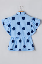 Sky Blue Polka Dot Print Ruffled Short Sleeve Buttoned Collared Blouse