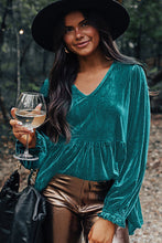 Sea Green Velvet V Neck Peplum Hem Puff Sleeve Blouse