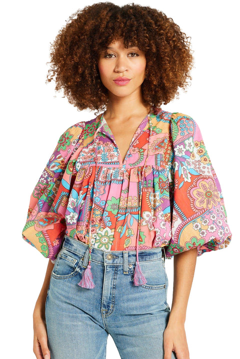 Multicolour Boho Floral Bubble Sleeve Tassel Tied Neck Pleated Blouse