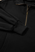 Black Fleece Lined Half Zipper Kangaroo Pockets Loose Hoodie