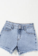 Beau Blue Rhinestone Light Wash Raw Hem High Waist Denim Shorts