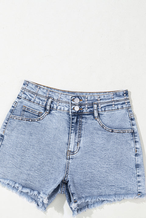 Beau Blue Rhinestone Light Wash Raw Hem High Waist Denim Shorts