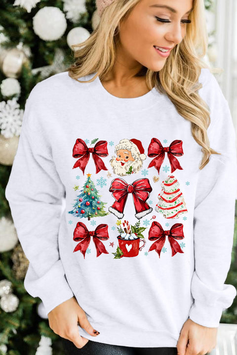 Beige Christmas Tree Bowknot Santa Clause Graphic Holiday Sweatshirt