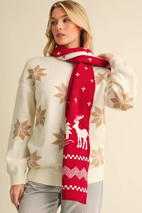 Burgundy Elk Christmas Tree Print Knitted Scarf