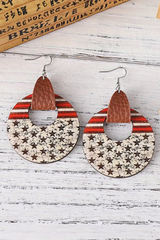 White Flag Print Round Wooden Dangle Earrings