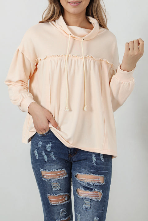 Beige Frill Exposed Seam Cowl Neck Oversized Sweatshirt