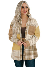 Khaki Plaid Color Block Patchwork Shirt Jacket with Pocket