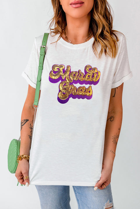 White Mardi Gras Sequin Graphic T-shirt