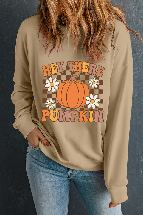 Khaki Floral Checkered Pumpkin Graphic Drop Shoulder Thanksgiving Sweatshirt