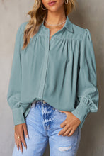 Solid Color Button Up Puff Sleeve Blouse