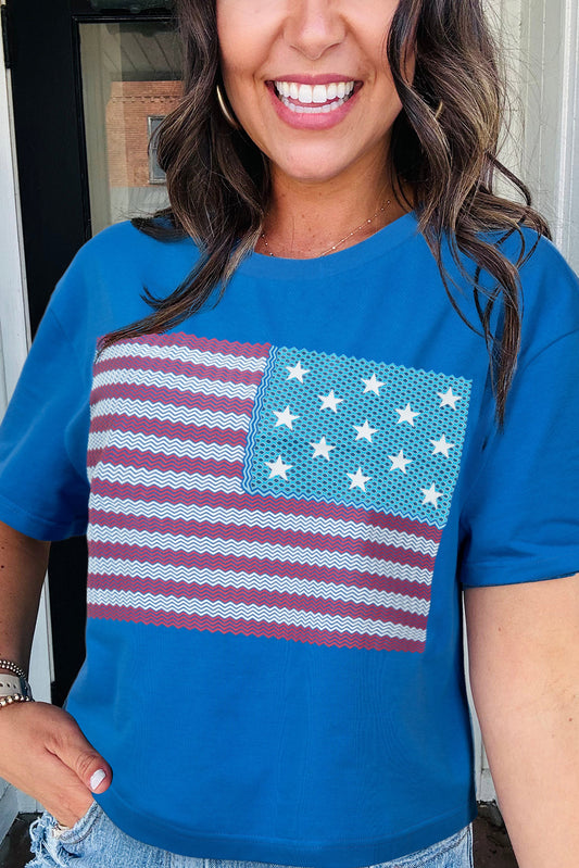 Real Teal American Flag Pattern Crewneck Tee